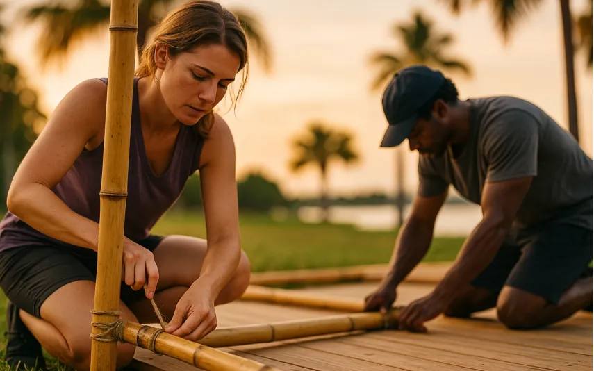 Two professionals assembling bamboo and wood event structures outdoors in Florida