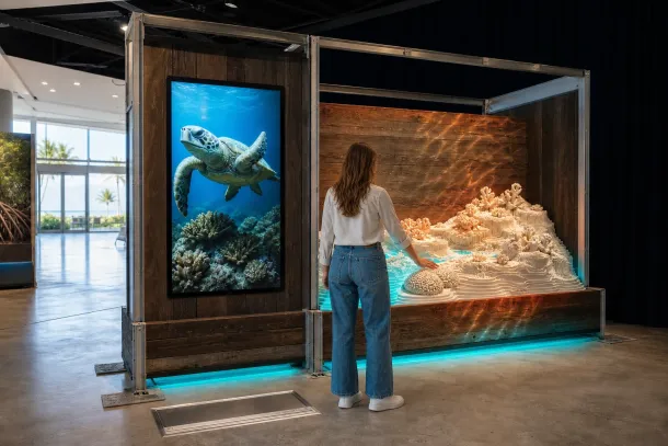 Conceptual illustration of a visitor touching a recycled reef model beside a digital sea-turtle storytelling display