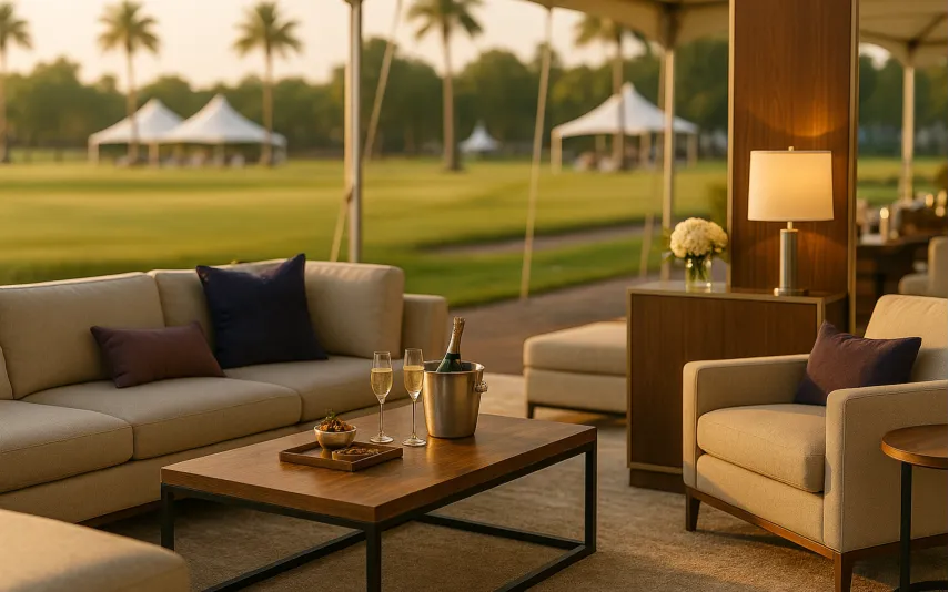 Luxurious VIP hospitality suite fabricated by THRILLFORGE at an upscale Florida event