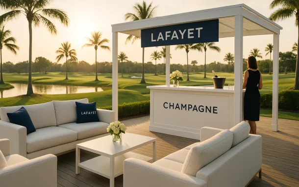 Luxury champagne lounge at Florida golf event with branded LAFAYET bar and sunset views