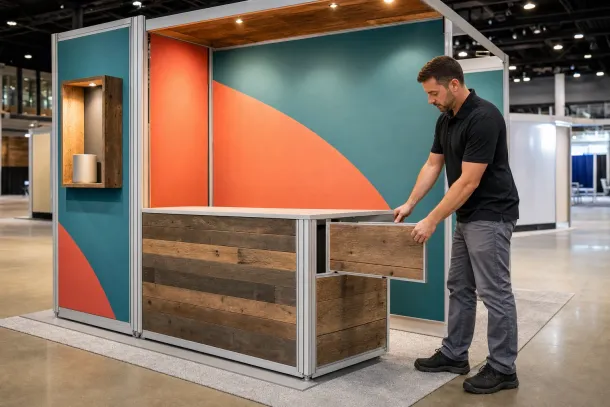 Conceptual illustration of a technician installing the final panel on a premium modular booth with reclaimed-wood surfaces