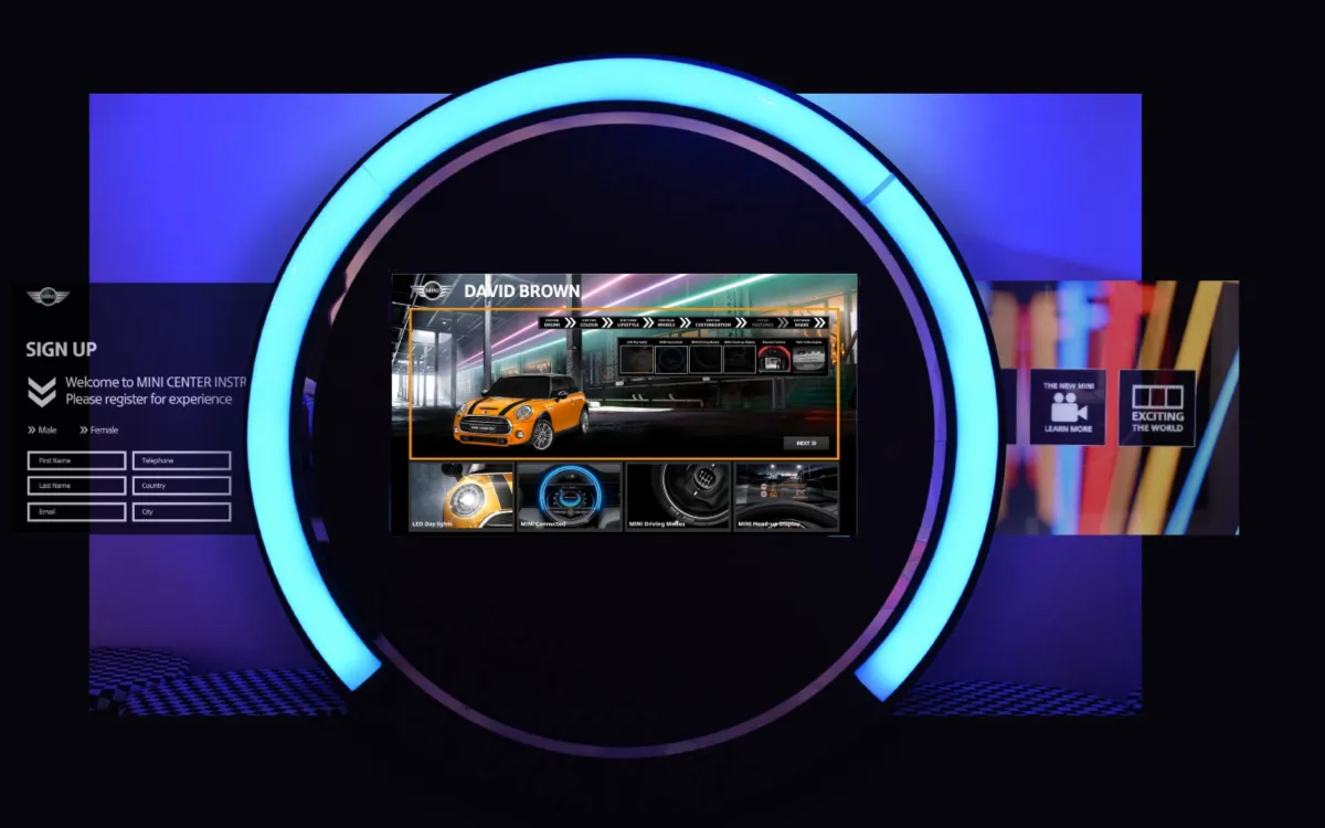 Interactive MINI dashboard configurator framed by a glowing circular display