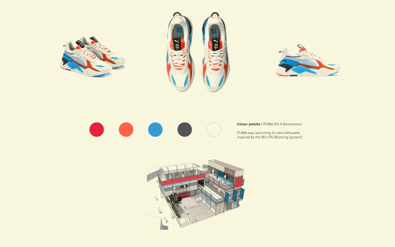 Puma sneaker palette and shipping-container pavilion concept board
